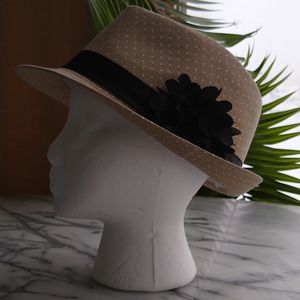 Fedora style white polka dot cream khaki small